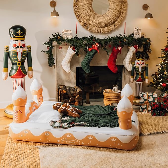 FUNBOY Kids Gingerbread House Holiday Sleepover Travel Bed & Air Mattress. Perfect for Sleepovers. Includes Carrying Storage Bag, Twin