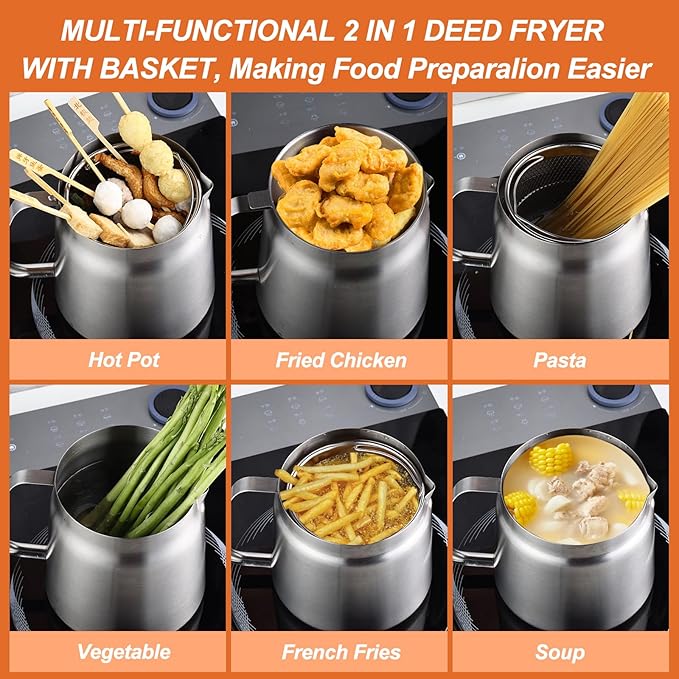 68oz Stainless Steel Deep Fryer Pot with Basket and Oil Strainer, Multifunctional Deep Frying, Small Stove Top deep fry for Kitchen and Camping, Steel Pour Pot for French Fries, Chicken (2L)