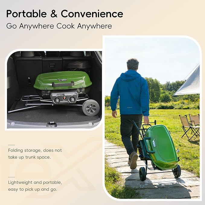 2-Burner Portable Propane Gas Grill, 2-in-1 Camping Propane Grill with Porcelain-Enameled Griddle & Grill Grate for Outdoor Camping Picnics Backyard Cooking, Green