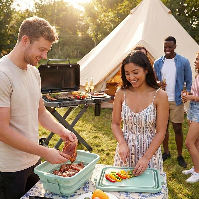 9-IN-1 Collapsible BBQ Prep Tub with Cutting Board, Portable Grill Prep Station with Side Brackets, Lids, Knives, Meat Claws and Drain Rack, Space-Saving for Kitchen, RV, Camping, Green