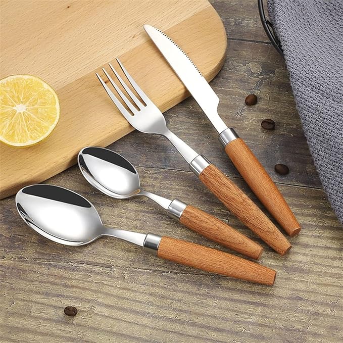Japanese Flatware Sets Cutlery Sets Stainless Steel Wood Handle Knife Fork Spoon Mixed Cutlery Sets Western Tableware Dinnerware Cutlery Set Camping Travel Picnic Flatwar,