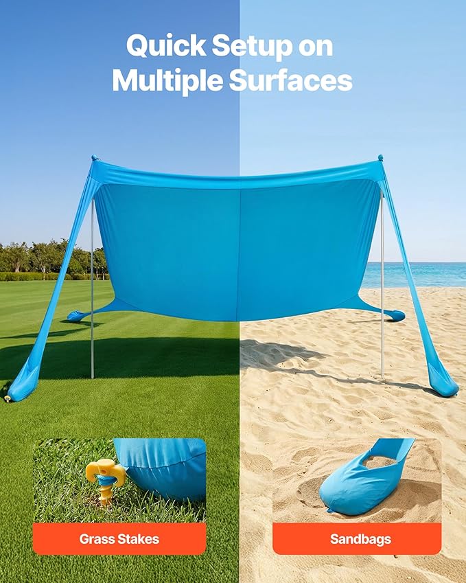 VEVOR Beach Tent Sun Shelter, UPF50+ Sun Protection, 6.6 ft Tall, 11 x 11 ft, Easy Pop Up Beach Canopy with Sandbags, Stability Poles, Sand Shovels, Portable Shade for Family Outings, Camping, Fishing