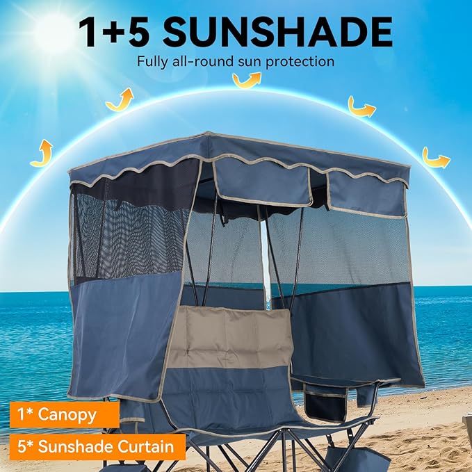 Double Beach Chair With Canopy Shade Camping Chair With Canopy Oversized Double Camping Chair With Canopy Folding Loveseat Chair With Two Cup Holders and Cooler Bag For Camping,Beach, Fishing