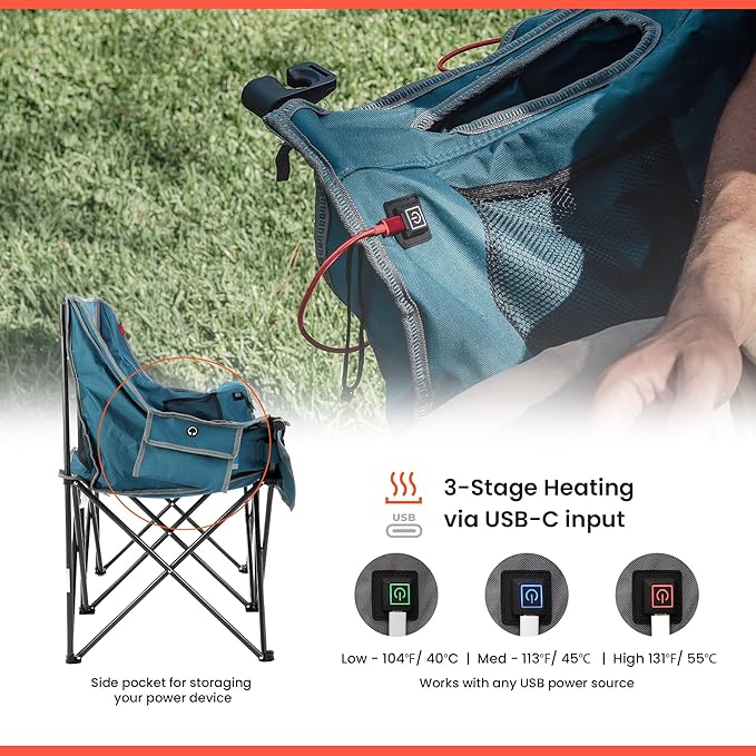 ARROWHEAD OUTDOOR 57" Wide Duo Foldable Heated Camping Loveseat Chair with 3-Stage Heating, Large Cup Holders, Glass Holders, Side Pockets, and Storage Pouches