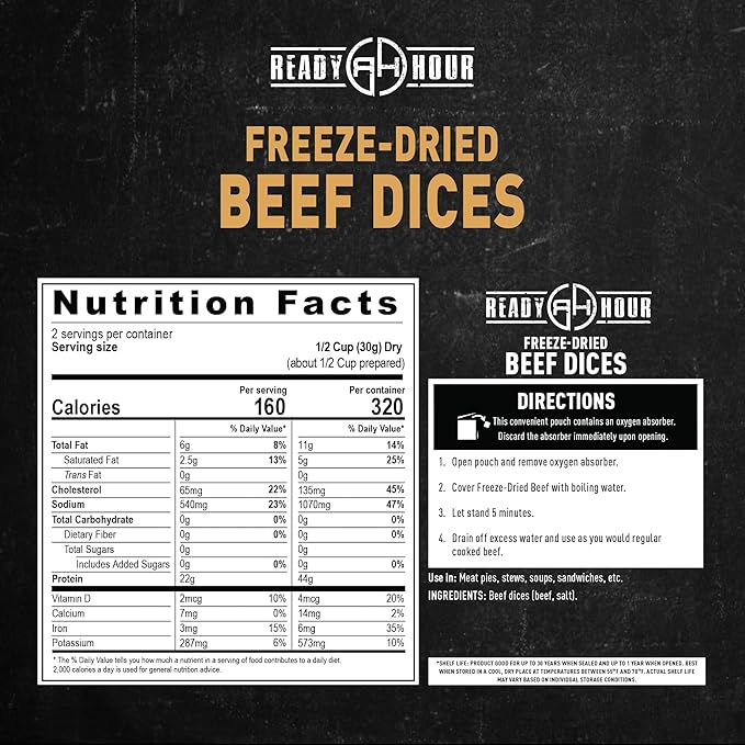 Ready Hour Freeze-Dried Beef Dices | 22g Protein Per Serving | Bulk Emergency Protein Case Pack | Shelf Stable Meat | 30 Year Shelf Life | Survival Food for Self Reliance and Preparedness