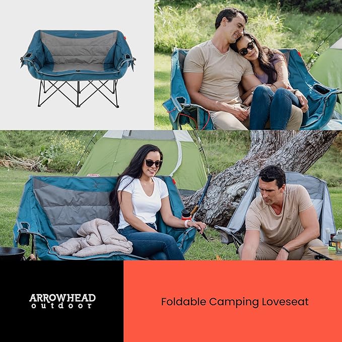 ARROWHEAD OUTDOOR 57" Wide Duo Foldable Heated Camping Loveseat Chair with 3-Stage Heating, Large Cup Holders, Glass Holders, Side Pockets, and Storage Pouches