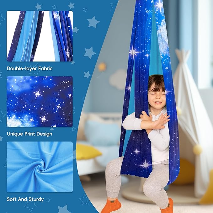 OUTREE Sensory Swing for Kids, Double Layer Therapy Hammock, Indoor Swing with 360° Swivel Hanger Kit and Adjustable Straps, Autism Sensory Product for Autism, ADHD (Blue Starry-Sky Printed)
