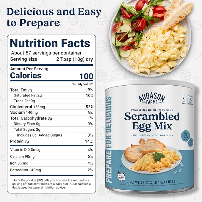 Augason Farms Pasteurized Scrambled Egg Mix Can – Emergency Food Supply, Dehydrated scrambled egg for Baking & Camping - Gluten Free Survival Food with Long Shelf Life - 57 Servings