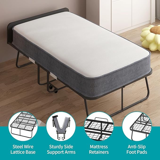 BALUS Folding Bed with Mattress, 75" x 31" Rollaway Bed with Headborad & Dustproof Bag, Portable Fold Up Beds with 5" Rebound Mattress, 2 Locking Caster Foldable Twin Frame for Bedroom/Office（Upgrade）