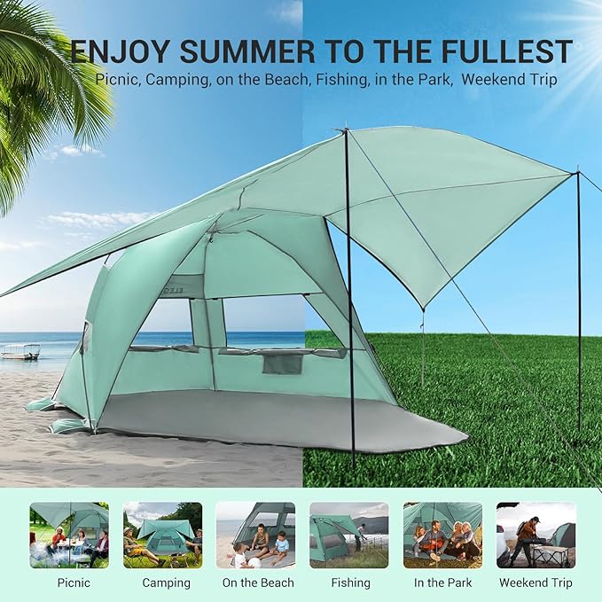 Elegear Beach Tent with Canopy, 1-Second Setup Pop Up Sun Shelter Shade, UPF 50+ UV Protection Silver-Coated Lightweight Portable Beach Cabana