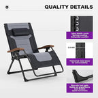 PURPLE LEAF Extra Wide Outdoor Reclining Chair Patio Zero Gravity Chaise Lounge Folding Chair with Quilted Cushion Adjustable Headrest for Lawn Camping Beach Pool Black and Grey