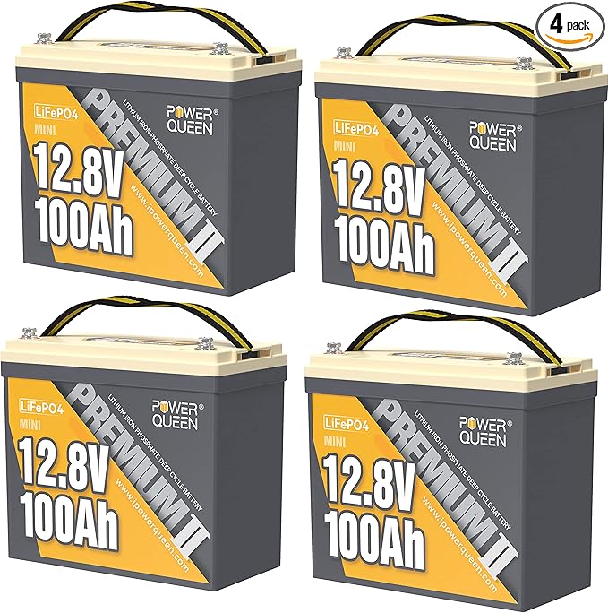 Power Queen 4 Pack Mini LiFePO4 Lithium Battery, 12V 100Ah Battery with Built-in 100A BMS, 1280Wh Energy, Up to 15000 Cycles, 10-Year Lifespan for Home Solar Energy System, RV, Camping
