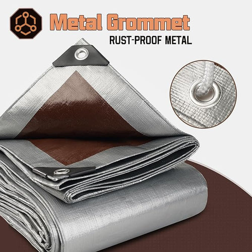10 x 10 FT Waterproof Heavy Duty Tarp, 10 Mil Thick, Outdoor Furniture Covers, Plastic Insulated Tarpaulin for Camping Tent Roof Boat Patio Pool Cover, Large & Small Multi-Size Tarps, Silver/Brown