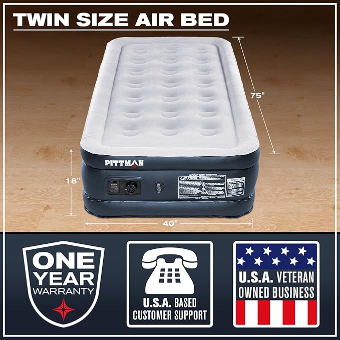 Pittman Outdoors - Black 18" Luxury Double High Twin Air Mattress with Built in Pump - Premium Comfort Twin Size Blow up Mattress - 300lb Capacity - Ideal for Home Visits, Guests, Travel or Camping