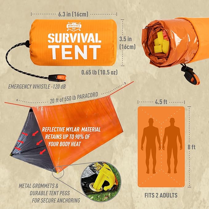 Monterra Emergency Tent, 2 Person Survival Shelter, Thermal Mylar, Waterproof, Outdoor Camping Gear and Equipment, Survival Kits, Compact Bivvy Tarp, Includes Paracord and Accessories. (Orange 1 Pack)