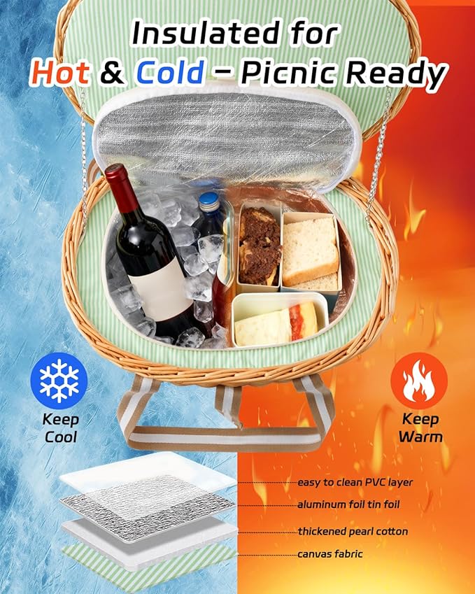 Picnic Basket Insulated with Lid, Extra Large Wicker Picnic Basket with Waterproof Insulated, Handwoven Portable Vintage Picnic Hamper 8.4 Gal(31.7L), Camping Outdoor Gifts Date, Natural