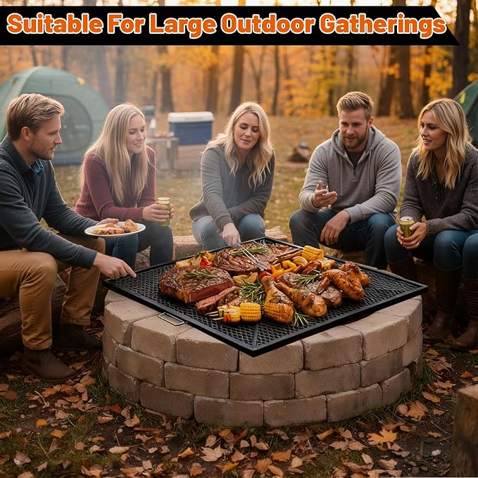 40 Inch Square Fire Pit Grill Grate with Handles, Heavy Duty Campfire Cooking Grate for Fire Pit, Steel BBQ Grill Grid for Outdoor, Camping