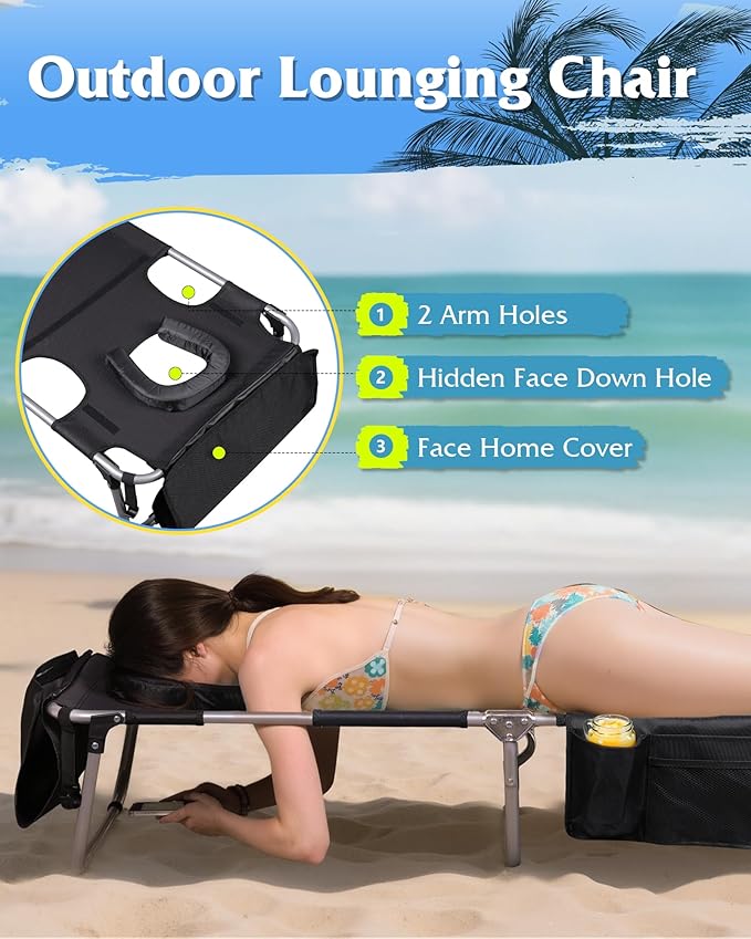 WLIVE Outdoor Tanning Chair, 5-Position Folding Beach Chair with Face Hole for Adults, Portable Patio Lounge Chair for Beach, Pool,Camping,Black