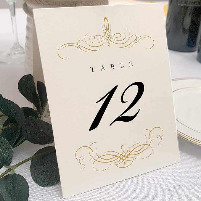 Decadent Flourish Wedding Table Numbers (Select Color/Quantity), Champagne, Gold, 1-30, Double Sided, Tent or Use in a Stand, Great for Parties & Restaurants - Made in the USA