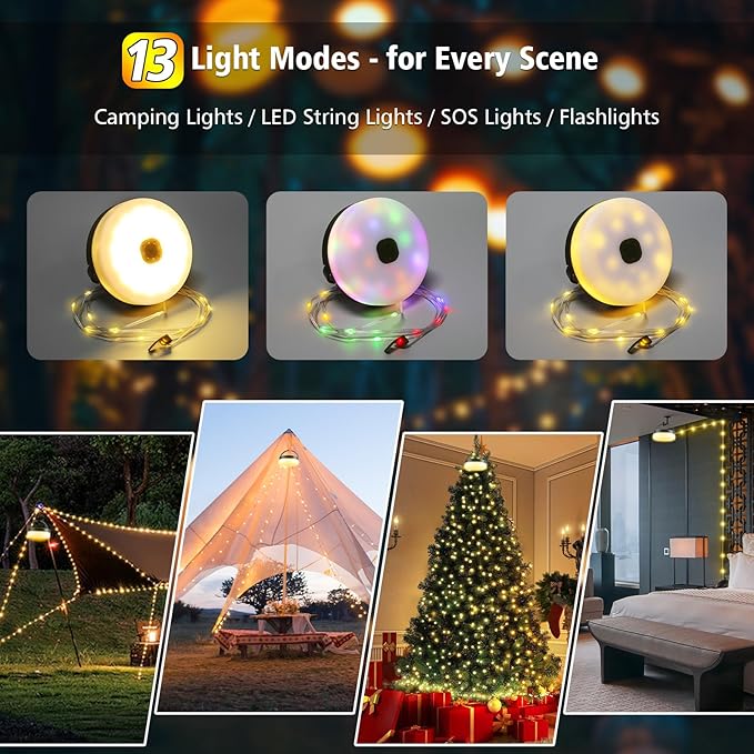 Solar Camping String Lights 130LEDs,33 FT Fairy Lights with 13 Lighting,Portable Waterproof 4 in1 Camping Lantern,Retractable Twinkle Lights for Outdoor Camping Gear Essentials Accessories