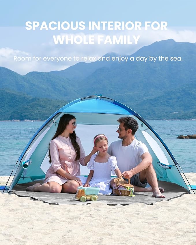 OutdoorMaster Beach Tent for 3/4/6/8 Person - Easy Setup Sun Shade Shelter, Portable Beach Shade Sun Canopy with UPF 50+ UV Protection, Removable Skylight Family Size