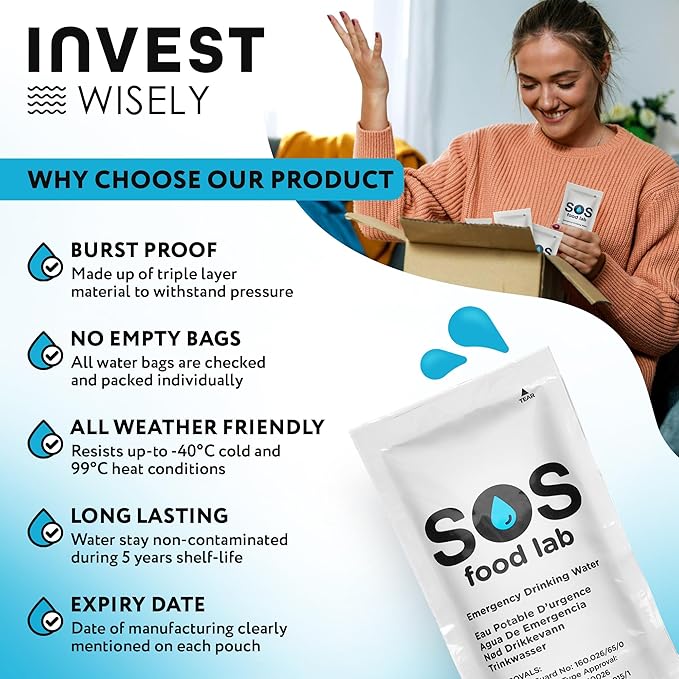 S.O.S Emergency Drinking Water – 62 Packets (4.22 oz Each) – 5-Year Shelf Life, Disaster Preparedness Supply, Portable Survival Water with Usage Tips – Ideal for Home, Car, Hiking, Camping