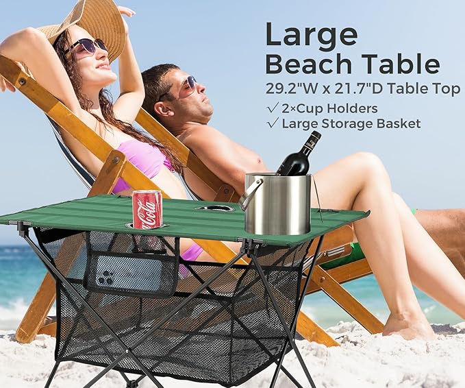 Lightweight Camping Table - Portable Folding Beach Side Table w/2 Cup Holders & Large Storage Basket, Compact Fold for Tailgate Travel Outdoor Fishing Picnic | 29.2" W x 21.7" D (Green)
