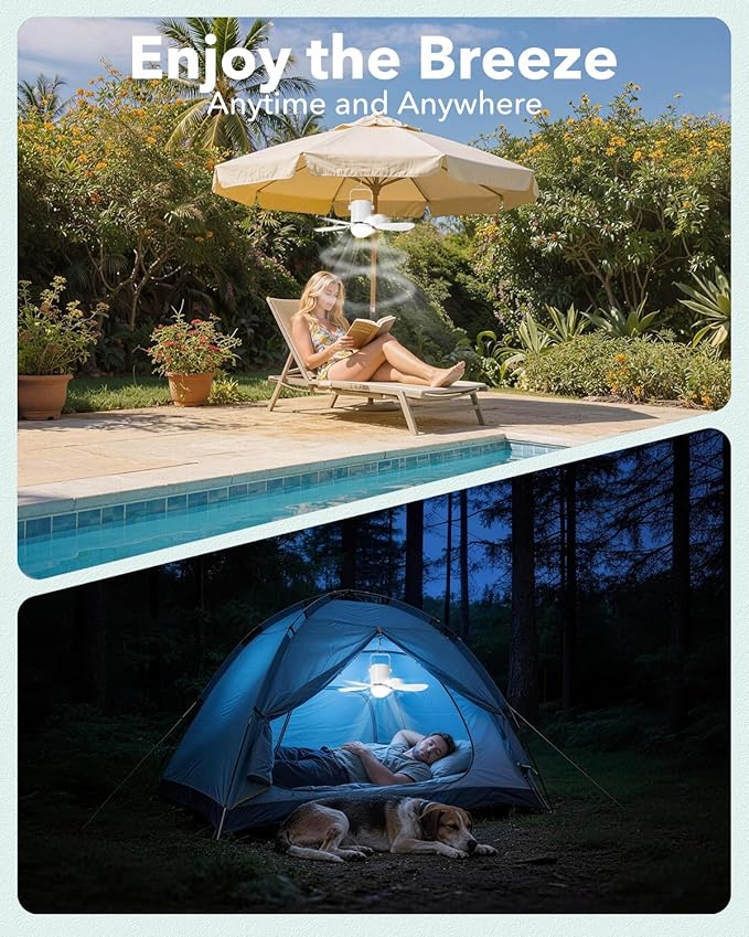 21” Ceiling Fan Light, Portable Battery Operated Gazebo Fan with Remote Control & Fast Charging Cable, Rechargeable Wireless Camping Fan Outside, for Outside Tent Porch Canopy Pergola RV