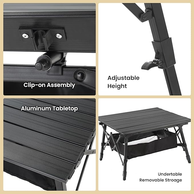 ARROWHEAD OUTDOOR 39" Aluminum Folding Camp Roll Up Table w/Adjustable Height, Undertable Mesh Storage, Carry Bag