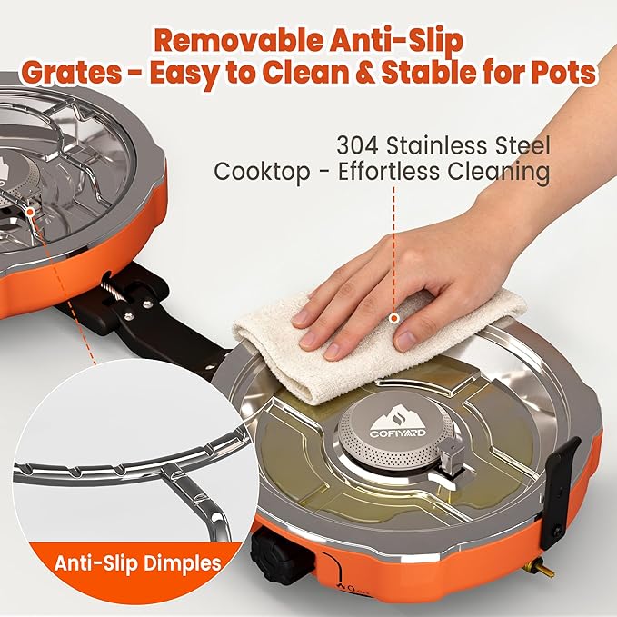 20,000 BTUs 2 Burner Propane Camping Stove, Portable Folding Camp Stove with Adjustable Burners, Regulator and Carrying Bag, Dual Gas Stoves Easy Carrying Handle for Tailgating, Camping, BBQ