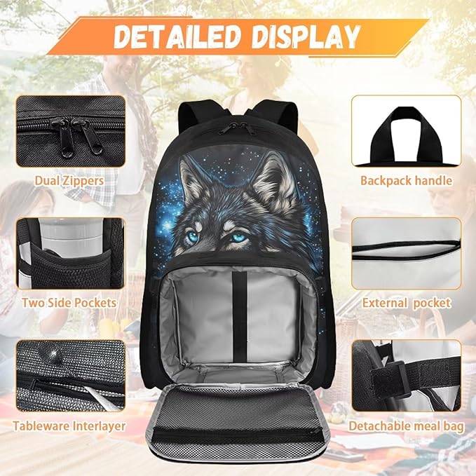 Wolf Bookbag for Men Galaxy Backpack with Lunch Box Large Capacity School Bag for College 17 Inches Book Bag with Adjustable Shoulder Strap for Travel