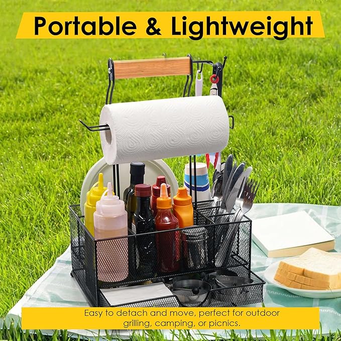 BBQ Grill Caddy with Paper Towel Holder, Utensil & Condiment Organizer, Large Metal BBQ Caddy for Outdoor Grill, Camping, RV, Tailgating, Picnic, Patio, Gifts for Men