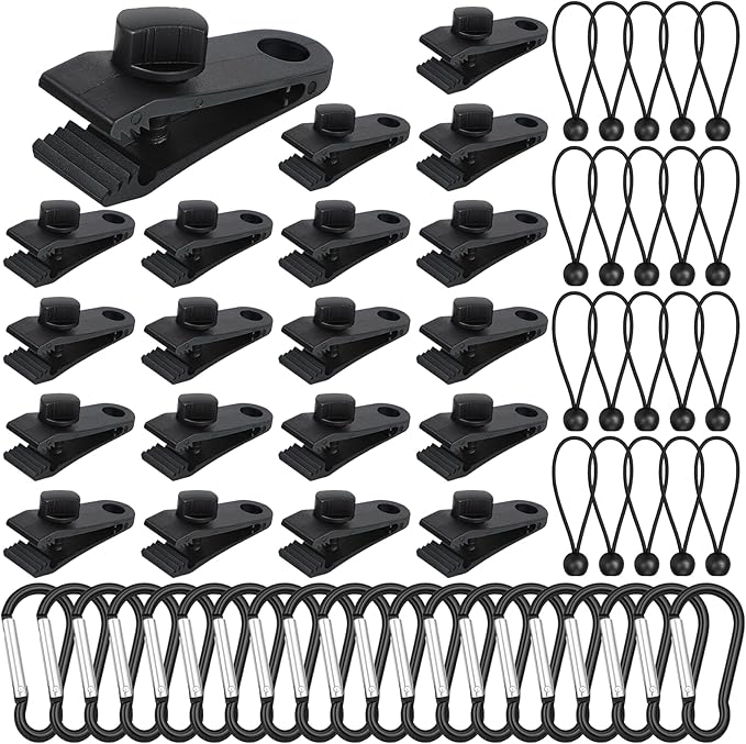 60 Pcs Heavy Duty Tarp Clips, Premium PA Tarp Clamps Kit with Lock Grip, Bungee Cords and Carabiners for Secure Fastening Awning, Swimming Pool Cover, Canopy, Shade Cloth, Camping Tents Accessories