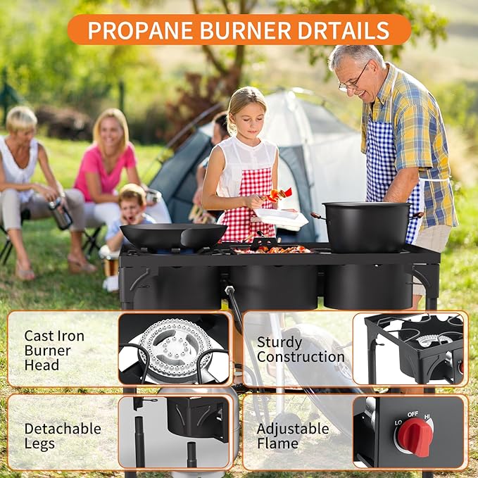 High Pressure Propane Burner, 3 Burner Camping Stove with Detachable Legs, 225,000 BTU Propane Gas Stove Burner with 0-20 PSI Regulator for Camping, Tailgating, Backyard, Outdoor Cooking