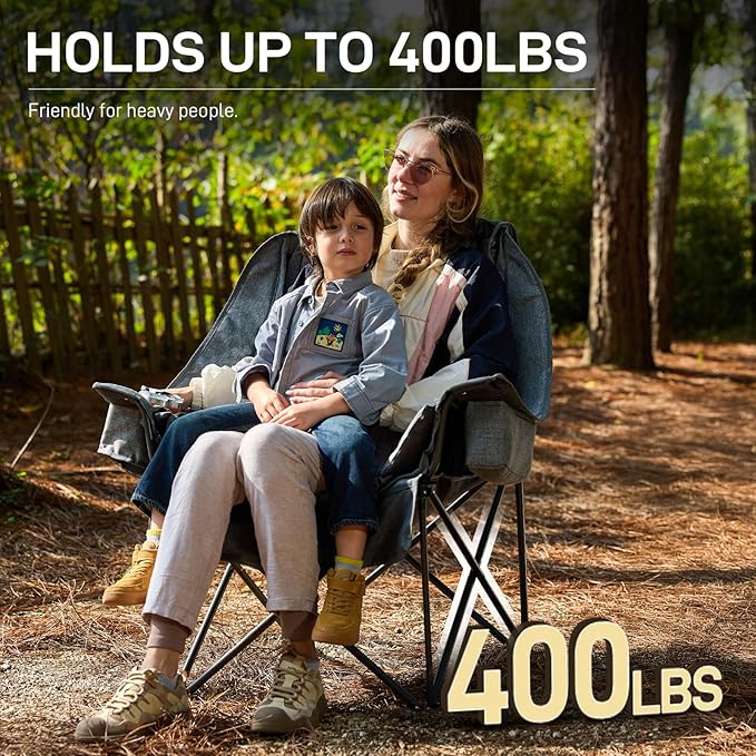 EVER ADVANCED XL Camping Chair with Detachable Cushion, Mesh Chair for Adults Foldable, Oversized Heavy Duty Folding Chair with Cooler Mesh Pocket Cupholder Outdoor Fishing, Supports 400LBS Grey