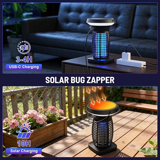 Solar Bug Zapper Outdoor, Rechargeable & Solar Powered, 4200V High Voltage for Effective Mosquito & Multi-Insect, Pet/Child Safe with UV Light, Waterproof for Camping Indoor Outdoor