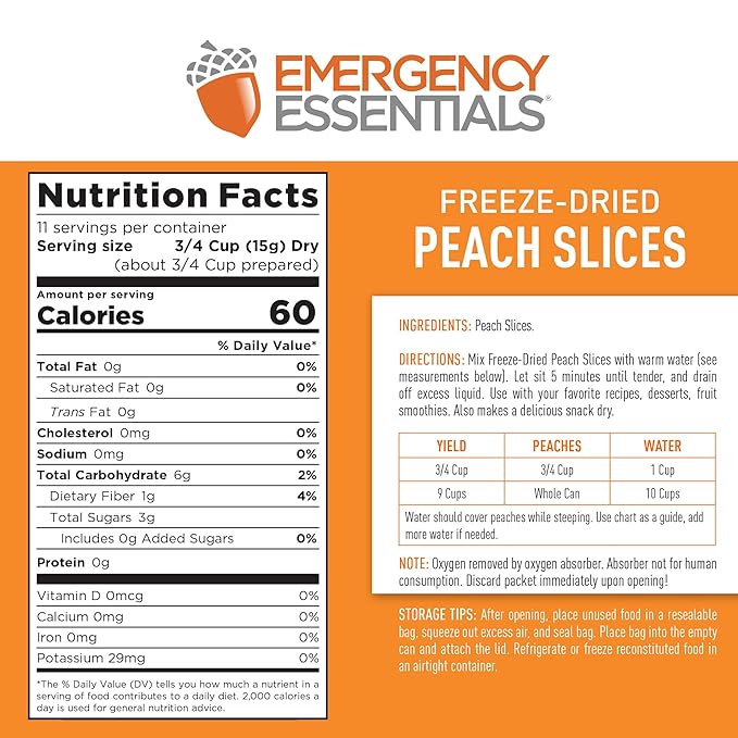 Emergency Essentials Freeze-Dried Peach Slices #10 Can, Freeze-Dried Fruit, Freeze-Dried Peaches, Peach Rings Snacks, Emergency Food Cans, 30-Year Shelf Life Food