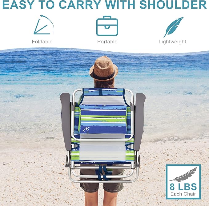 COSTWAY Backpack Beach Chairs, 2-Pack Portable Camping Chairs with Cup Holder, Ice Bag, 5-Position Outdoor Reclining Chairs for Adults, Travel, Sunbathing, Support 300 LBS, Blue & Green
