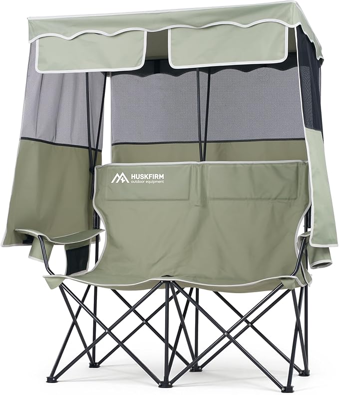 Double Camping Chair with Shade Canopy 2 Person Folding Chair with Canopy Portable Beach Chair Heavy Duty Camping Chair with Two Cup Holders and Side Pocket for Outside Camping,Beach,Sports