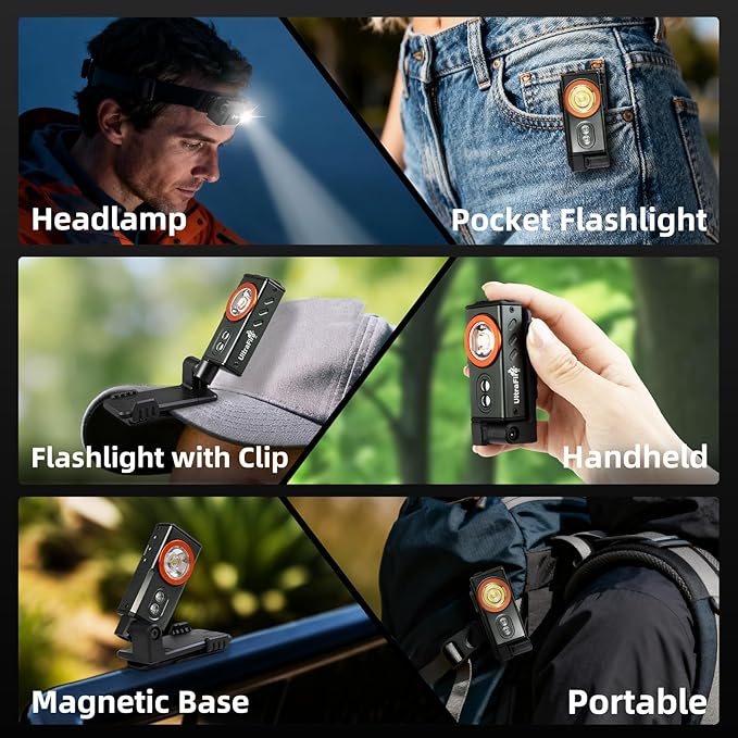 ULTRAFIRE Rechargeable EDC Pocket Flashlight with Clip, Magnetic Base and Headband, 6 Modes 500 Lumens Compact Mini Keychain Flashlight for Outdoor Use