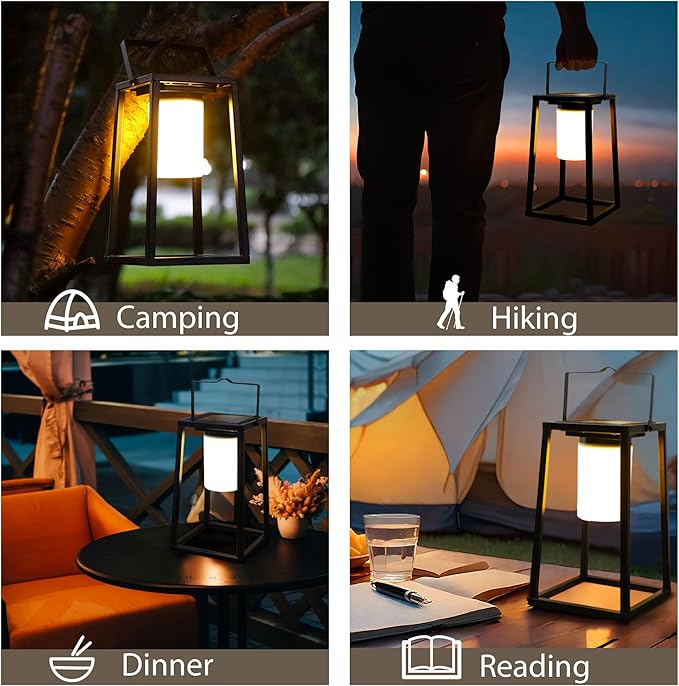 TRIROCKS 15'' High Outdoor Solar Lantern Portable Brightness LED Nightstand Lantern Metal Solar Lamp IP44 Waterproof Outdoor Table Lamps Cordless Lights for Patio Walking Reading Camping Garden(Black)
