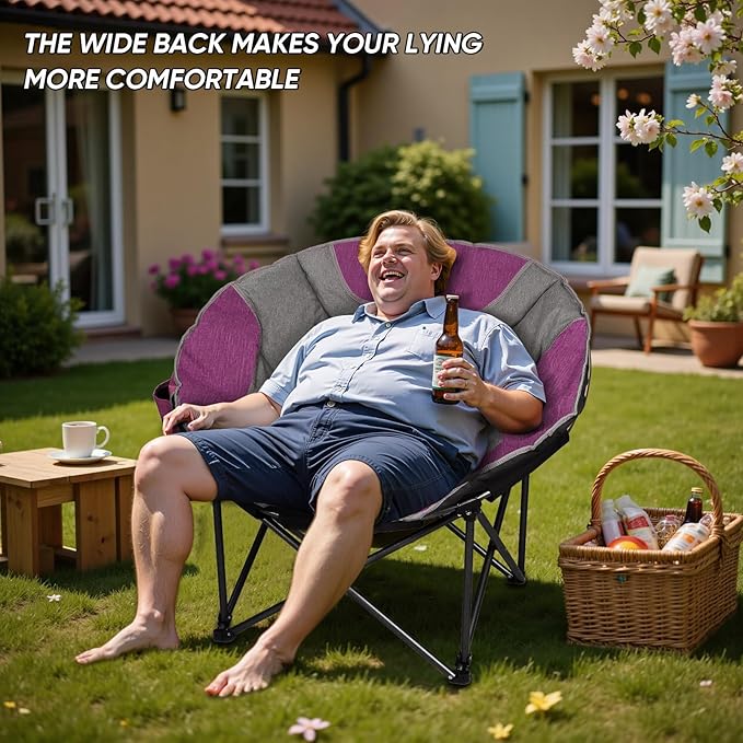 Northroad XXL Camping Moon Chair,Oversized Round Chair,Folding Padded Saucer w/Side Pocket,500lbs Capacity for Outdoor Hiking Fishing Picnic Lawn,Purple&Grey