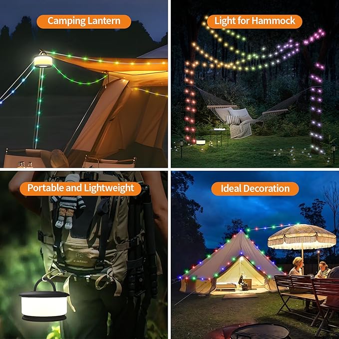2-Pack Camping String Lights, 3 in 1 Upgraded Retractable RGB Outdoor String Lights with 19 Lighting Modes, Quick 30s Recovery, 32.8 FT Portable Tent Light, Rechargeable Camping Lantern (Black)
