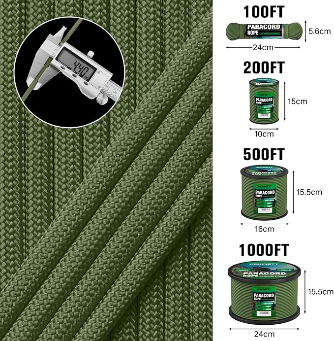 1200 Paracord Rope - 4.4mm 14 Strand Nylon Parachute Spool para Cord Lanyard for Outdoor Camping Survival Utility Tent Crafting DIY Projects Fishing Clothsline Bracelet -ArmyGreen 200FT