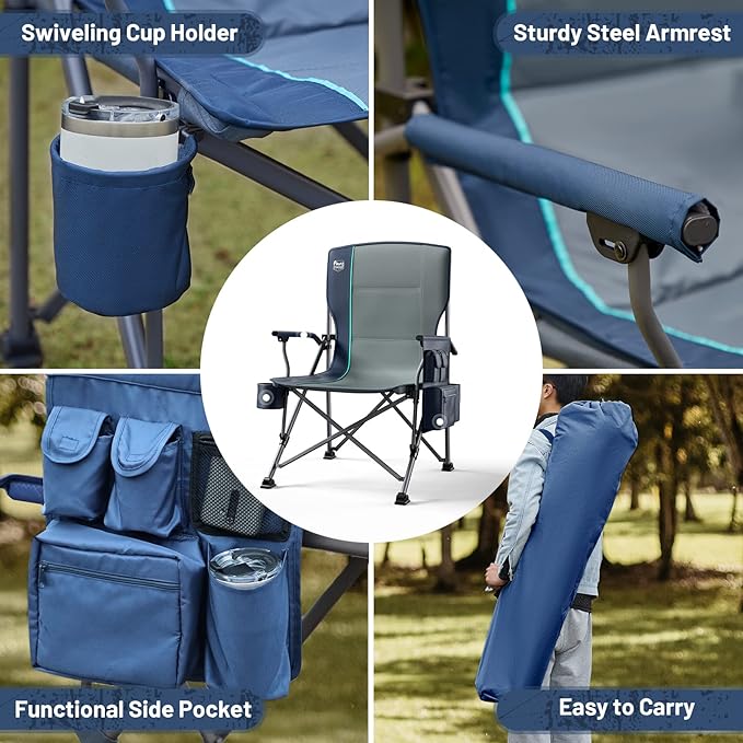 Timber Ridge 500lbs Oversized Folding Camping Chair, Heavy Duty Lawn Chair for Adults, Portable Collapsible High Back Chair with Cup Holder, Side Pocket Cooler Bag, for Outdoor, Sports, Blue