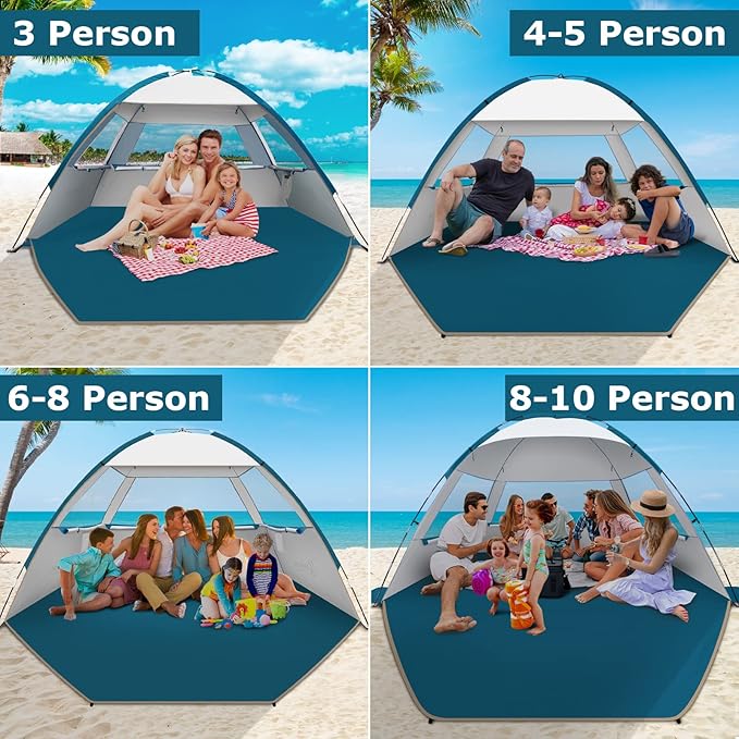 COMMOUDS Beach Tent Sun Shade for 3/4/6/8 Person, UPF 50+ Beach Sun Shelter Canopy Tent, Lightweight, Easy Set Up and Carry
