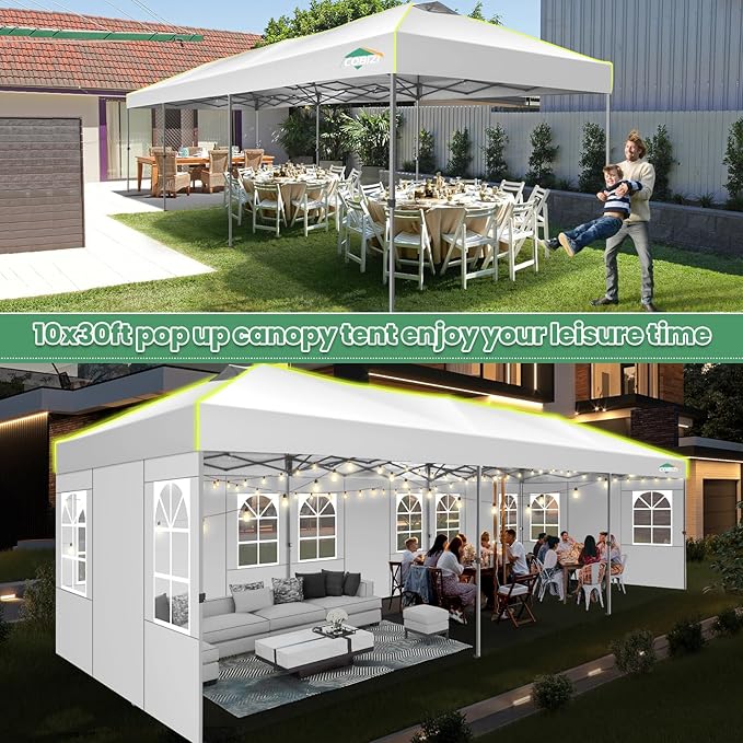 COBIZI 10x30 Pop Up Canopy Tent with 8 Removable Sidewalls, One Push Party Tent Outdoor Waterproof Event Canopy with Air Vent for Parties Commercial Wedding, 3 Height, Roller Bag, Sandbag, White