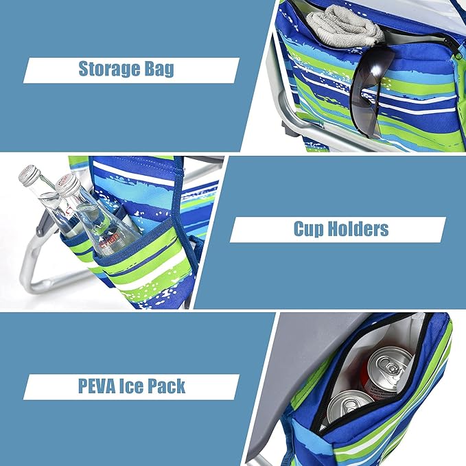 Giantex Folding Beach Chair, Patio Sling Chairs with 5 Adjustable Position, Head Pillow, Storage Bag, Towel Bar, Cup Holders, Backpack Chairs for Sunbathing, Camping Chair