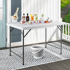 Giantex Foldable Ice Bin Table with Drain & Bucket, Removable Skirt, 48" x 32" HDPE Cooler Table for Parties, Catering, Weddings, Outdoor Events, Portable Fill and Chill Beverage Serving Station