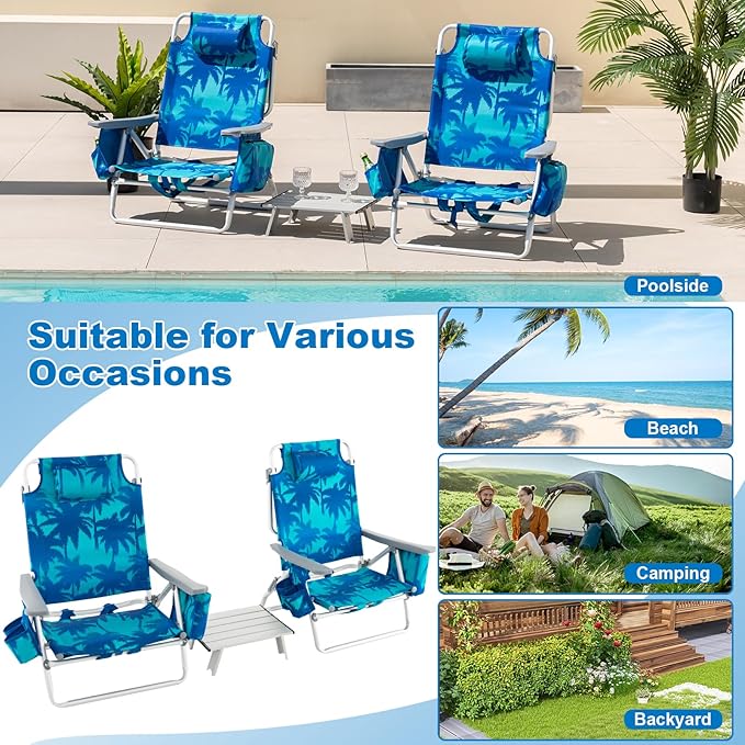 Giantex Folding Beach Chair, Patio Sling Chairs with 5 Adjustable Position, Head Pillow, Storage Bag, Towel Bar, Cup Holders, Backpack Chairs for Sunbathing, Camping Chair